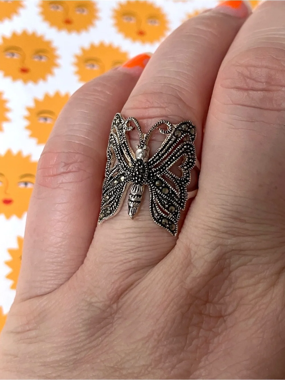 Vintage silver metal & marcasite butterfly ring sz 7.5-7.75 wilderkind